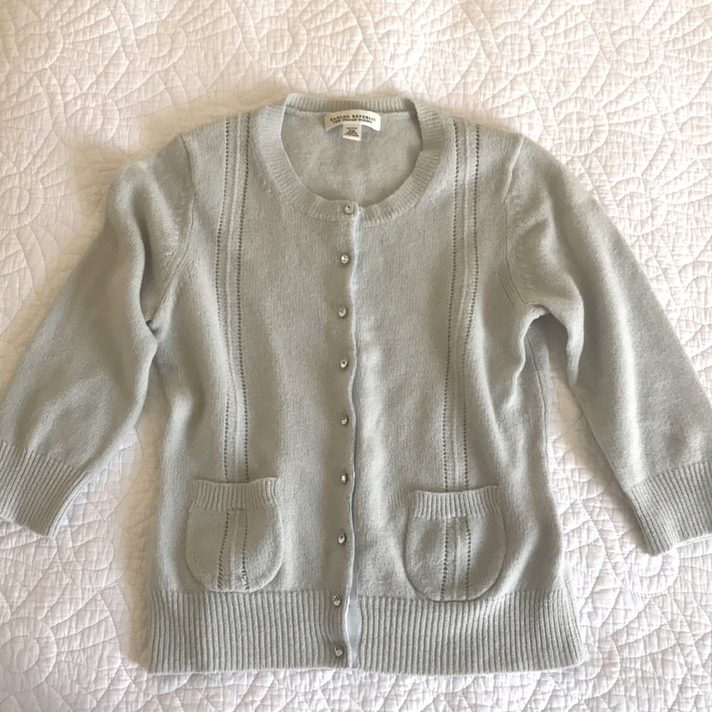 BR Petites Sweet Aqua Merino Wool Cardigan with Gemstone Buttons and Pockets